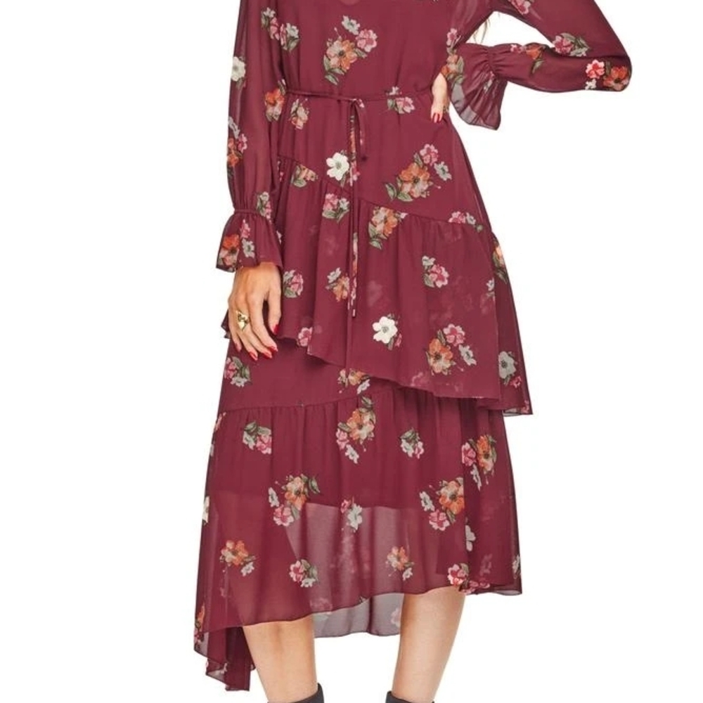 Astr Burgundy Floral Tiered Long Sleeve Dress